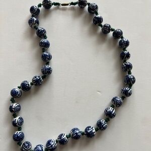 Vintage Chinese Character Porcelain Blue White Painted Beads Hand Knotte…